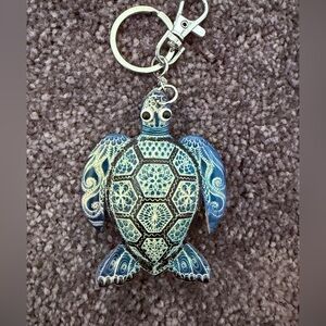 Artisan Turtle Keychain Bag Charm Blue Black Creme Genuine Leather NWOT